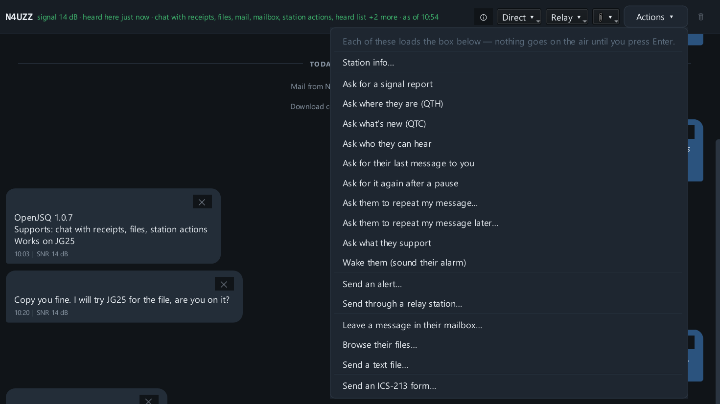 Actual OpenJSQ Actions menu in a demo N4UZZ chat: ask for a signal report, QTH, QTC, heard list, last message or delayed resend, repeat supplied text now or later, ask what they support, wake, and send an alert. Mailbox, relay, files and ICS-213 actions also appear below. The menu says nothing transmits until Enter is pressed.