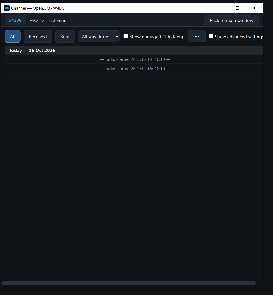 Channel running in its own OpenJSQ window, with station identity, listening status, receive filters, and a Back to main window button.