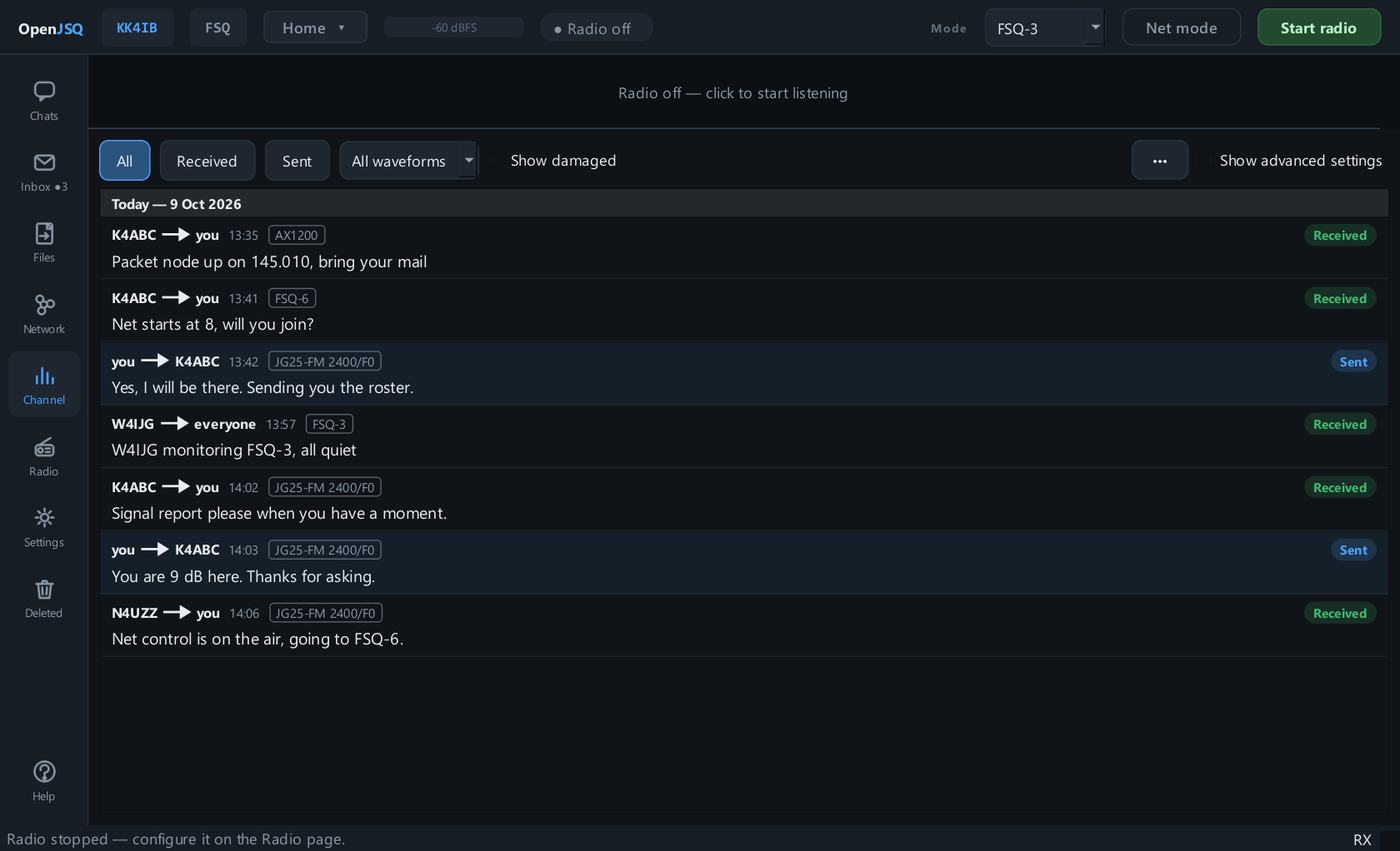 The OpenJSQ Channel page: a feed of received and sent messages, newest at the bottom, each with who sent it to whom, the time, the waveform it used and a Received or Sent label, with filters for All, Received, Sent and waveform.