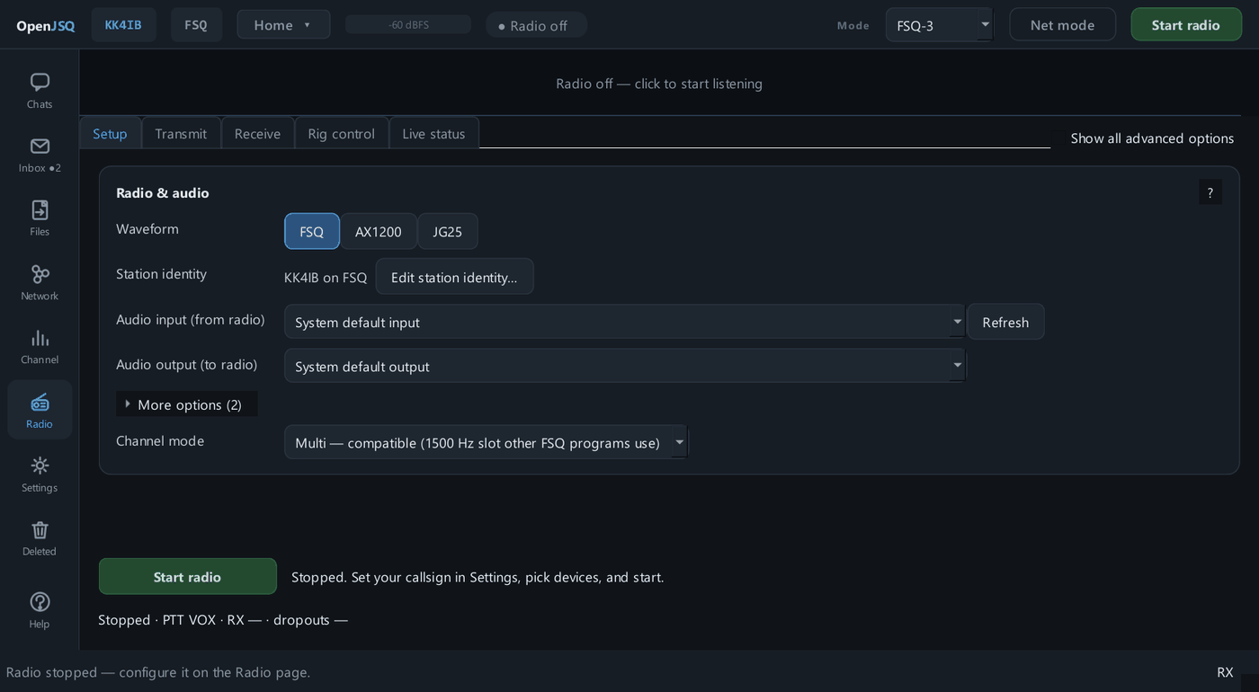 The OpenJSQ Radio page on its Setup tab. Five tabs run across the top: Setup, Transmit, Receive, Rig control and Live status. The Radio & audio card shows the Waveform buttons with FSQ selected, a Station identity line reading KK4IB on FSQ with an Edit station identity button, the Audio input and Audio output lists, a collapsed More options line and the Channel mode. Below it, a footer pinned to the page holds Start radio, a status line and a strip reading Stopped, PTT VOX, RX, dropouts.