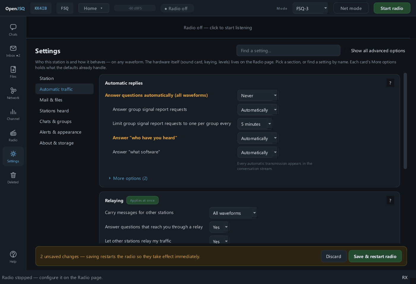 The OpenJSQ Settings page on its Automatic traffic section. The seven sections are listed at the left: Station, Automatic traffic, Mail and files, Stations heard, Chats and groups, Alerts and appearance, and About and storage. A Find a setting box and a Show all advanced options tick sit at the top right. The Automatic replies card shows answer choices with a collapsed More options line, with the Relaying card, marked Applies at once, below it. A bar pinned at the foot reads 2 unsaved changes, saving restarts the radio so they take effect immediately, with Discard and Save and restart radio buttons.